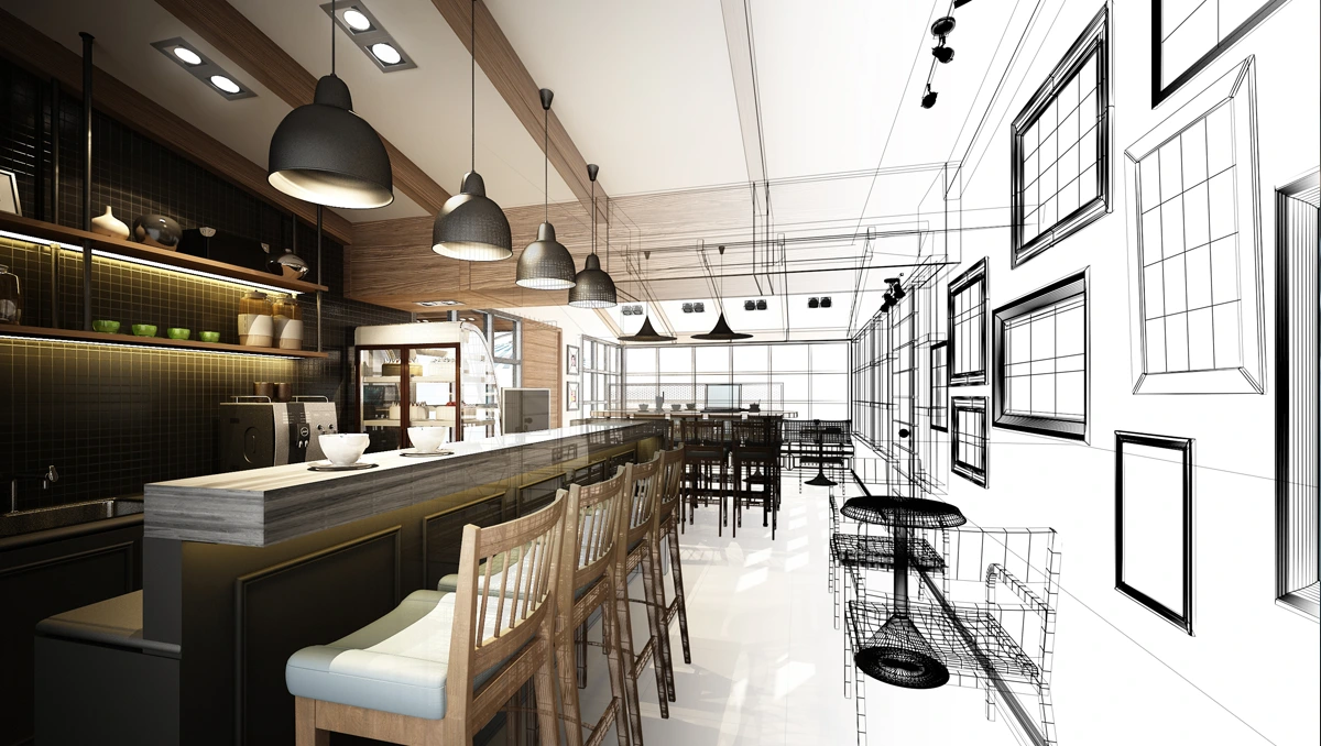 Conceptual layout of a restaurant environment overlaid with linework schematic