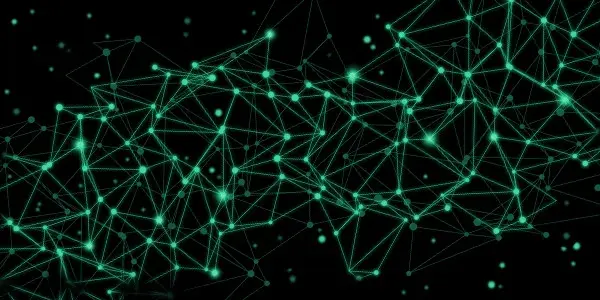 Abstract network nodes in green against a dark background